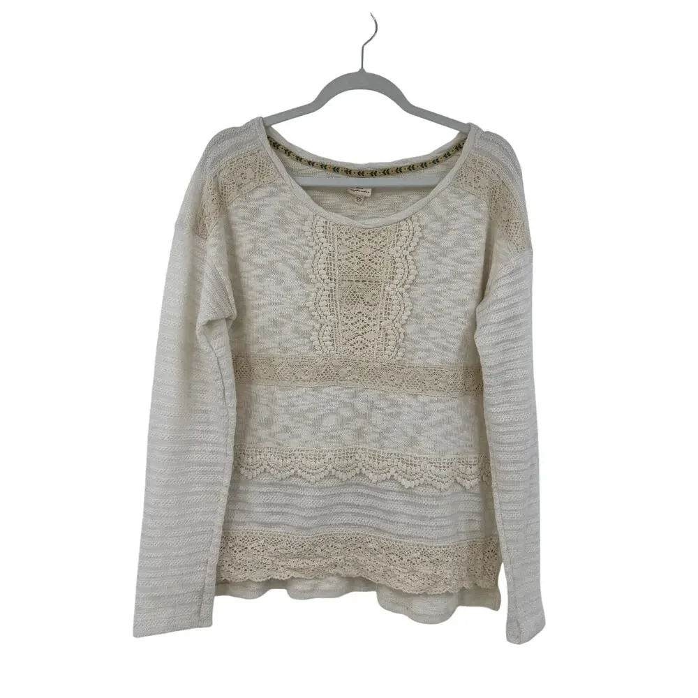 Anthropologie One September Women Long Sleeve Top Size L Cream Crochet Trim Boho